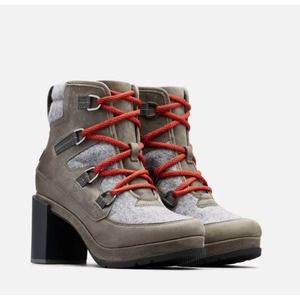 Sorel Womens Black Lace Bootie Stacked Heel Leather Gray Size 9.5